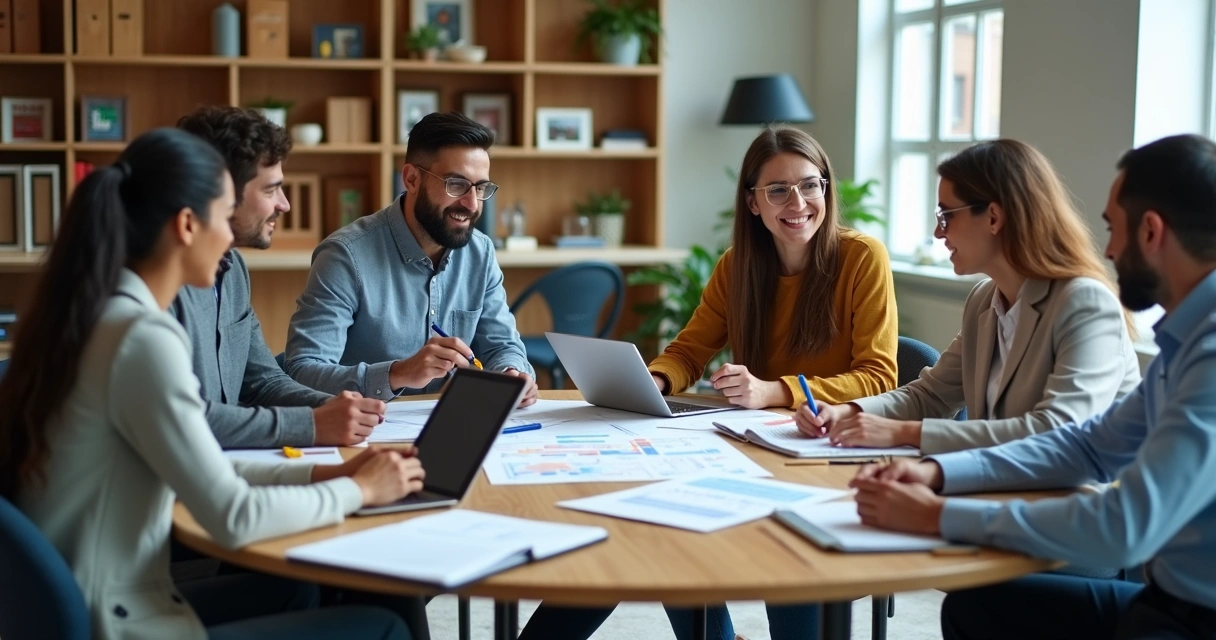 Equipe discutindo práticas de automação para móveis 
