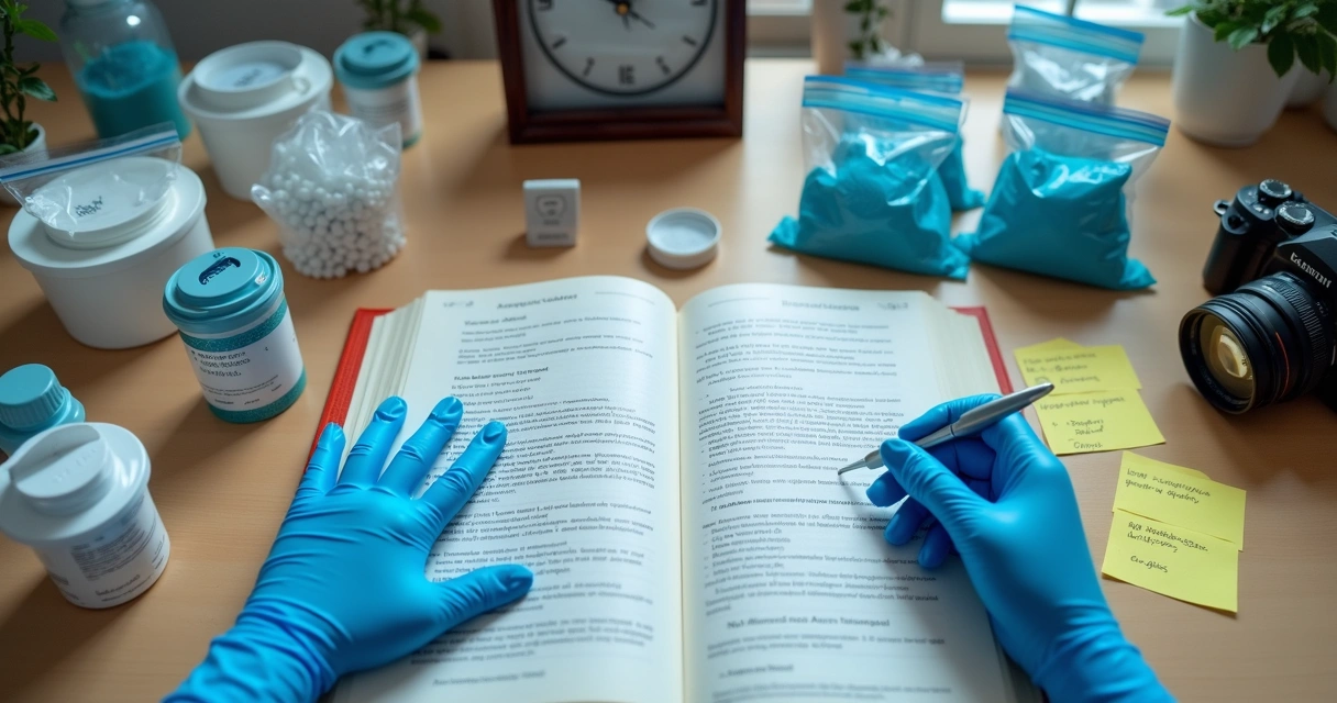 Mesa organizada com itens para perícia judicial 