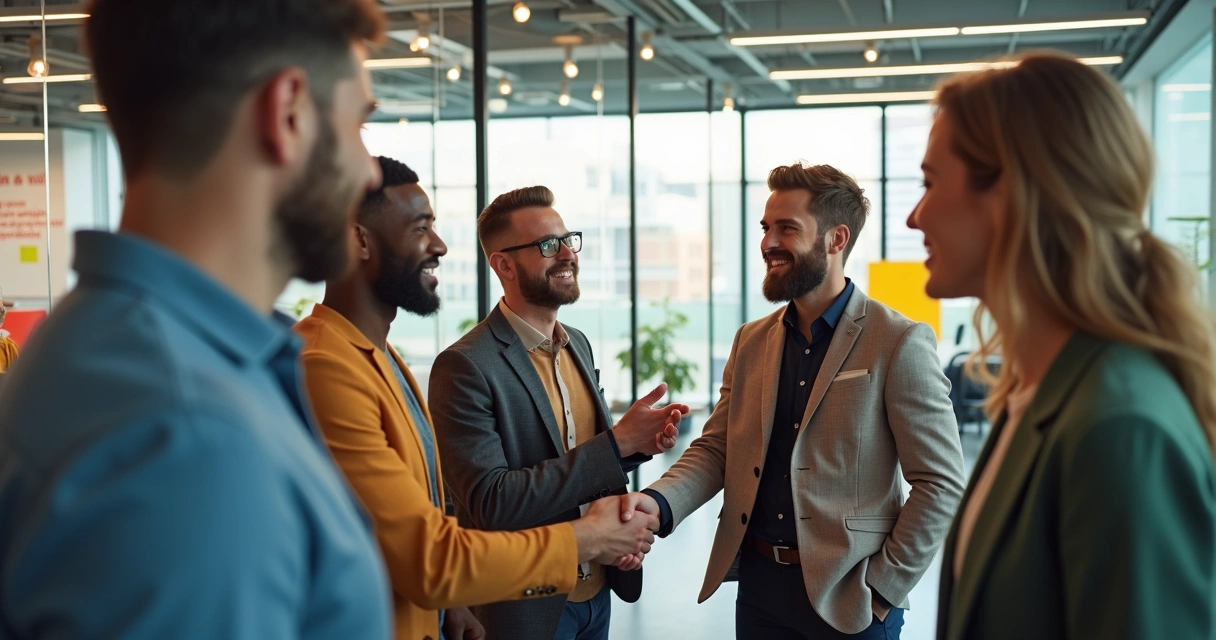 Equipe diversa recebendo novo colaborador em uma sala moderna