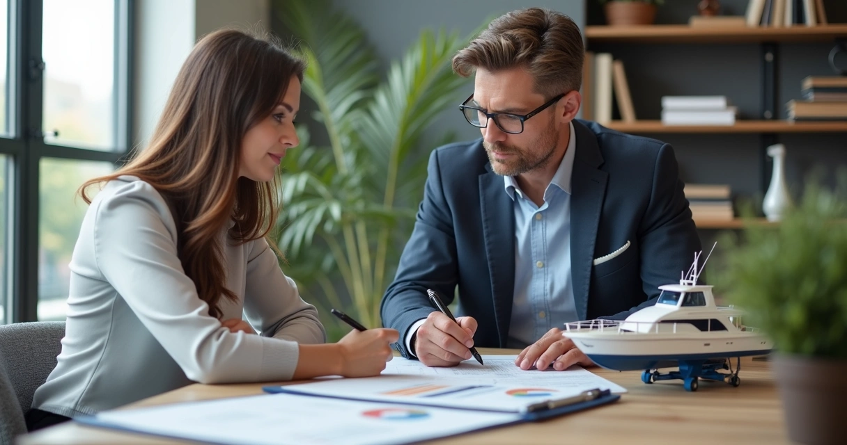 Man and woman discussing boat financing options at a modern office with boat model and financial documents 