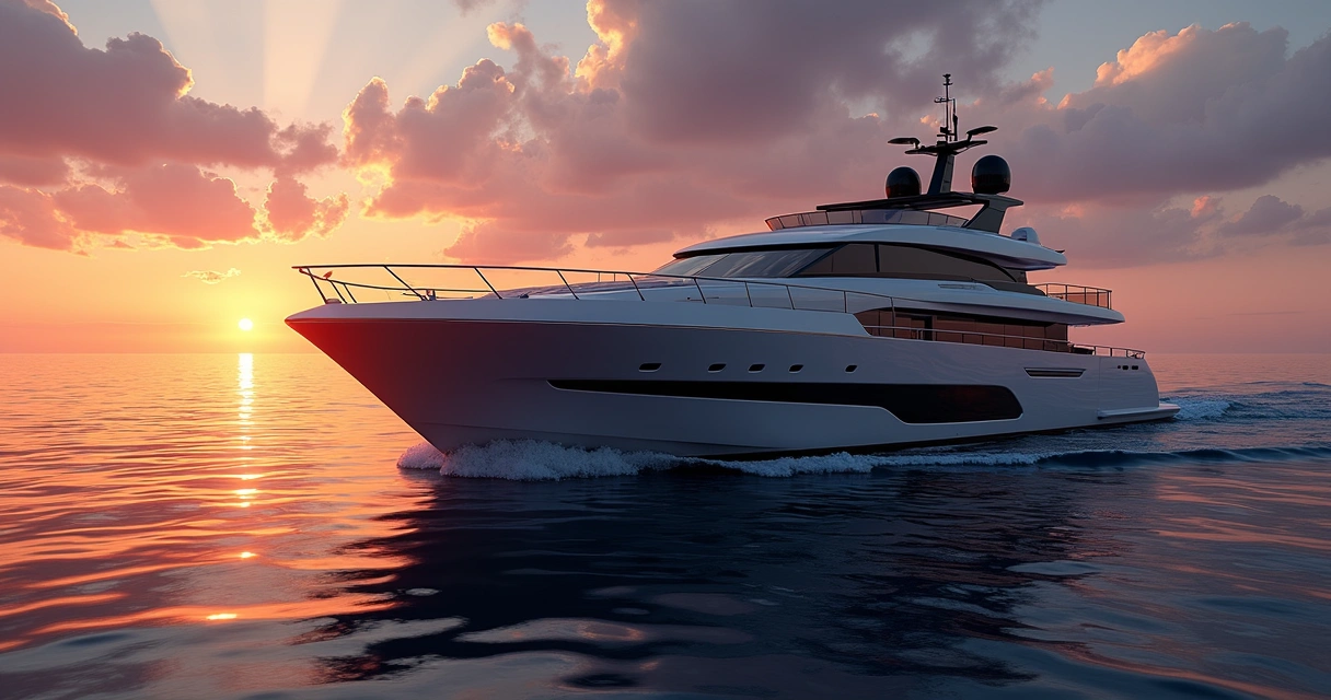 Luxury yacht anchored at sunset with glowing sky 