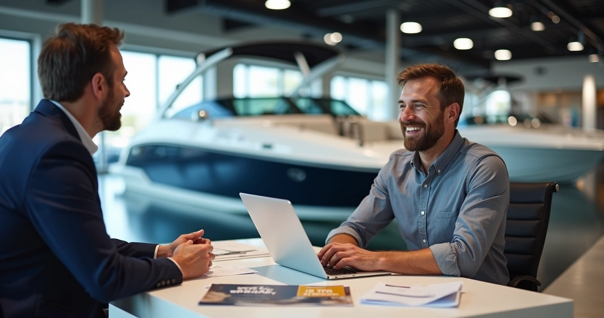 Boat showroom with financing consultant and luxury boat 