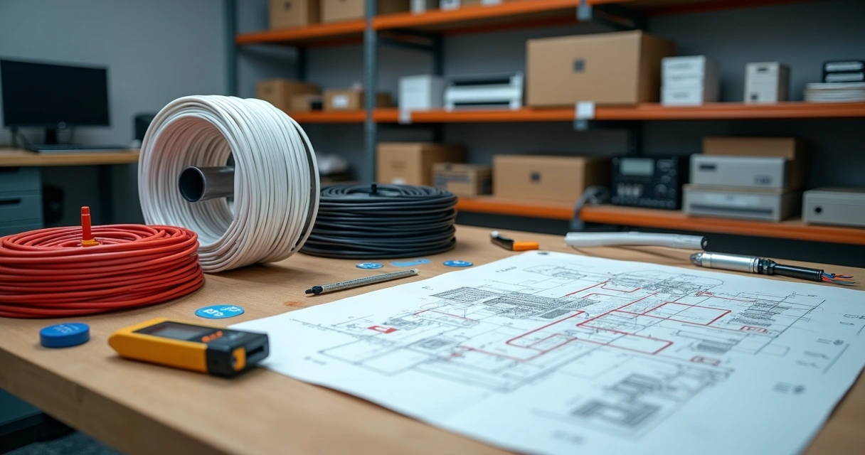 Mesa de instalação com bobinas de fio coloridas para sistema de segurança eletrônica 