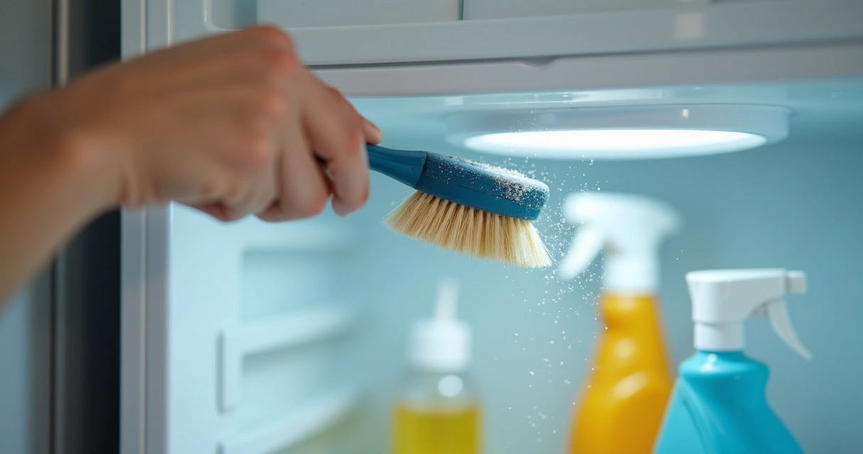 Pessoa limpando as bobinas traseiras da geladeira com escova 