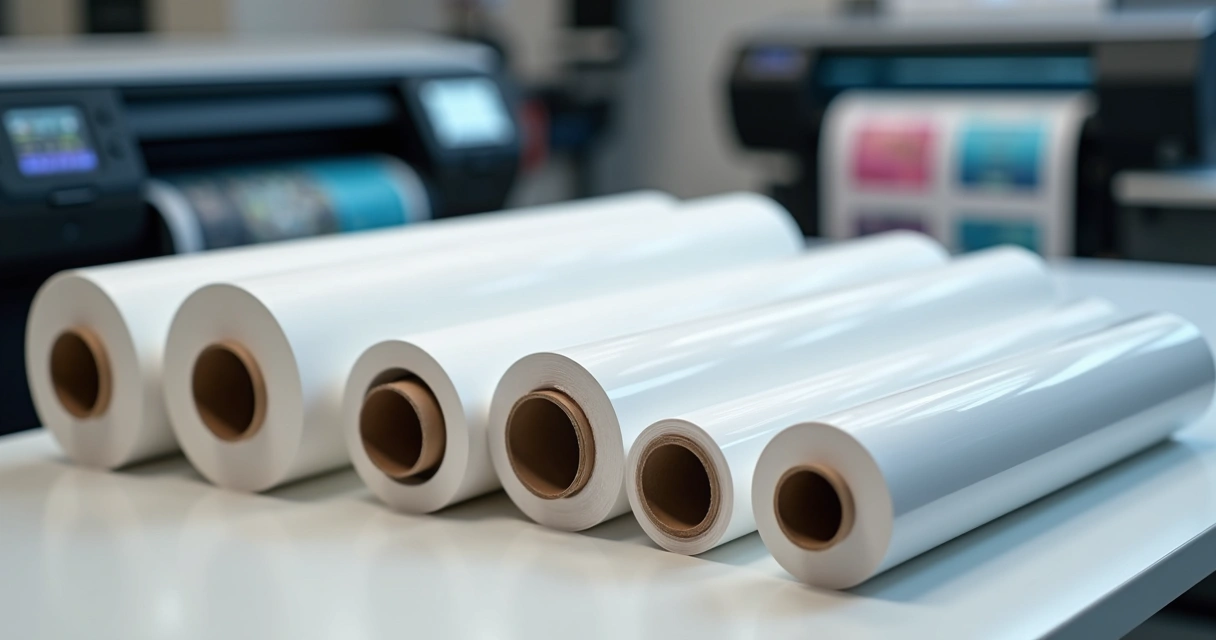 Bobinas de papel fotográfico glossy e adesivo organizadas em uma mesa com equipamentos de impressão ao fundo 