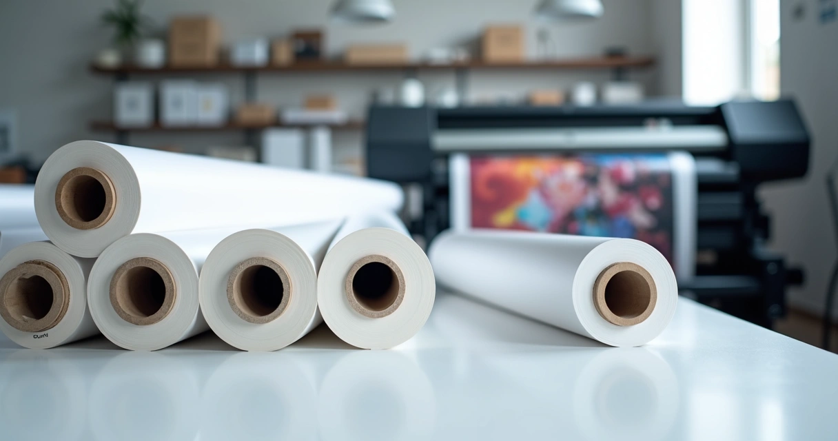 Bobinas de papel fotográfico brilhante ao lado de impressora de grande formato 