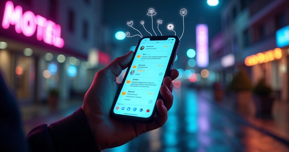 Avaliações de motel em tela de smartphone com ícones de comentários conectados à fachada urbana 
