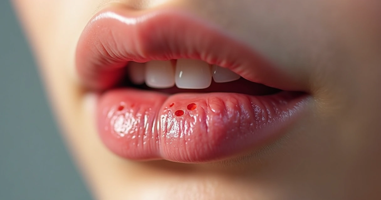 Lesão típica de herpes labial com pequenas bolhas agrupadas no lábio inferior.