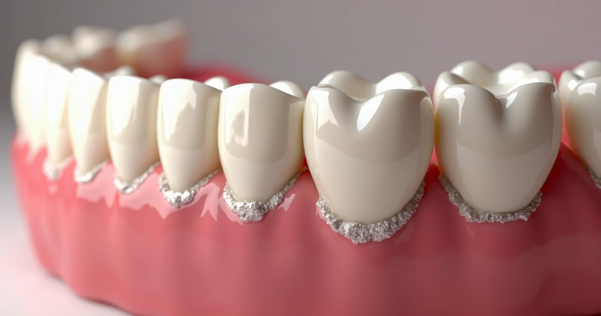 Detalhe de dentes com acúmulo de biofilme 