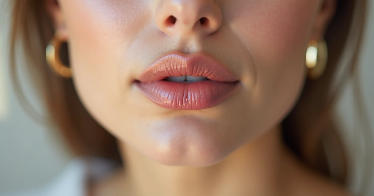 Close-up de lábios femininos naturais após preenchimento suave com fundo de clínica em desfoque 