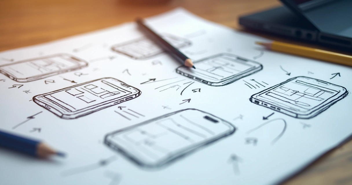 Boceto a lápiz de pantallas de app sobre una mesa 