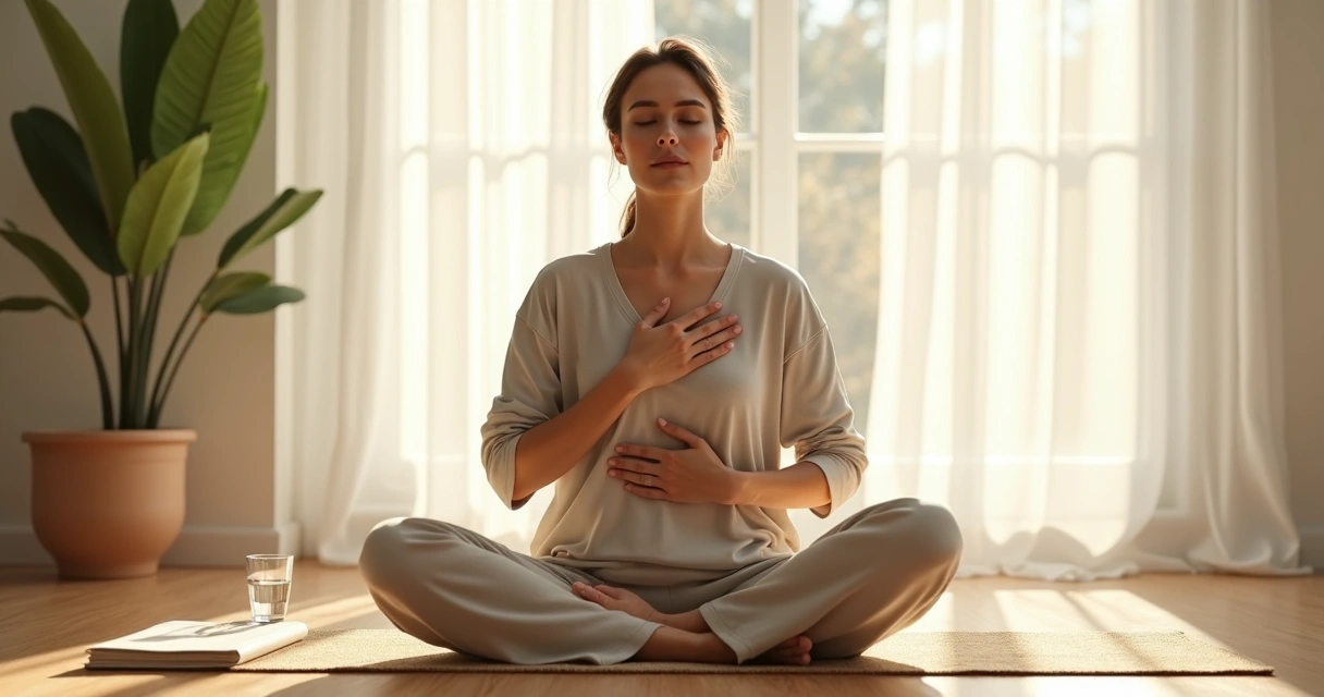 Person practicing mindful body scan seated on floor in quiet room 