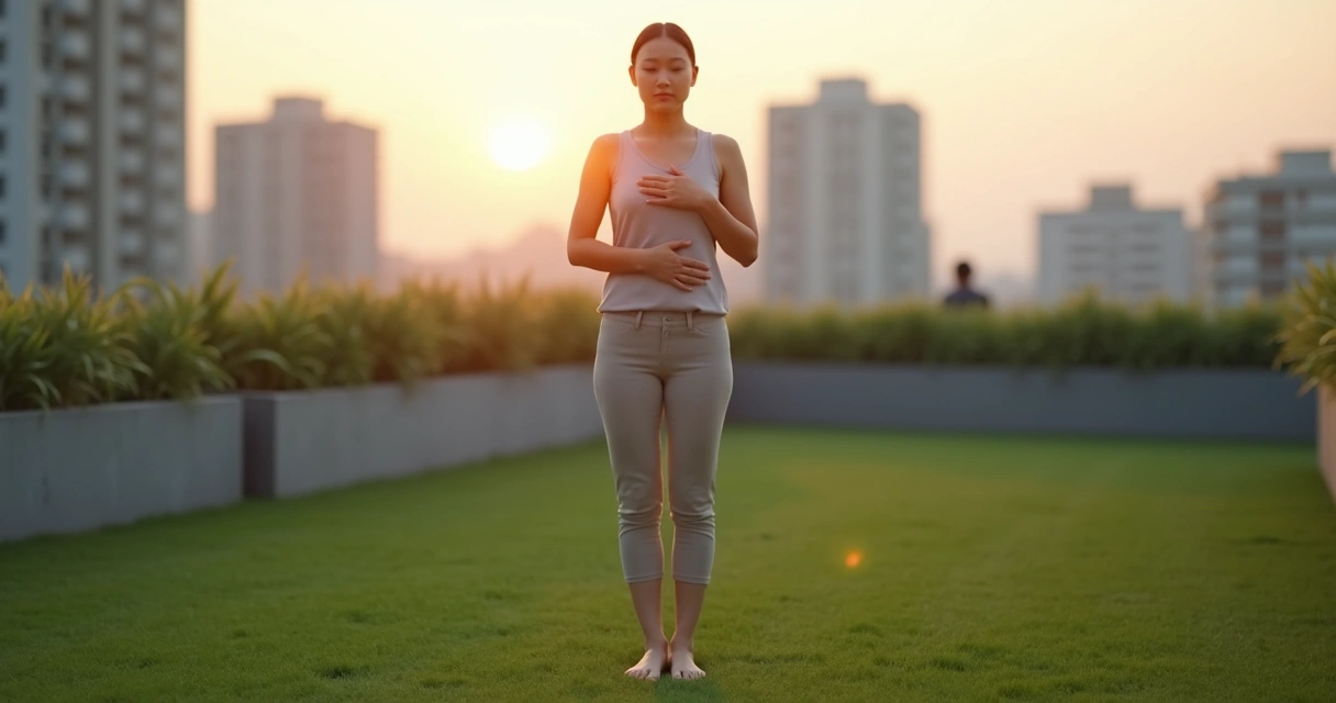 Person standing outdoors with soft light, gently touching chest and abdomen in a grounding posture 