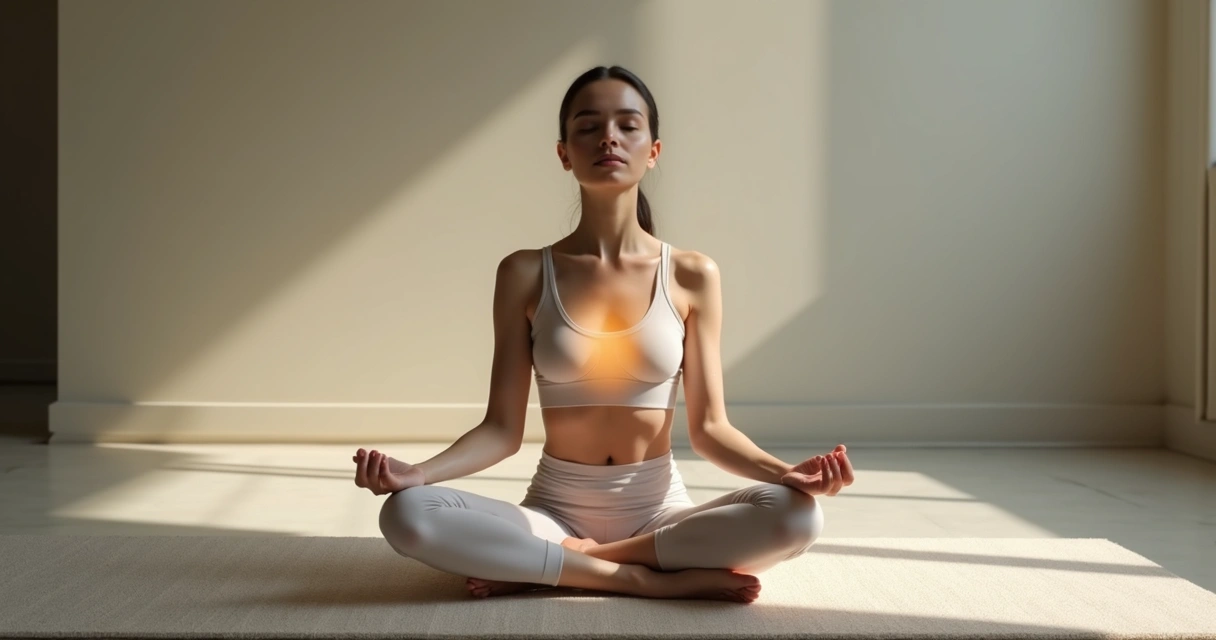 Person sitting quietly, eyes closed, hands resting on knees, focusing on body signals 