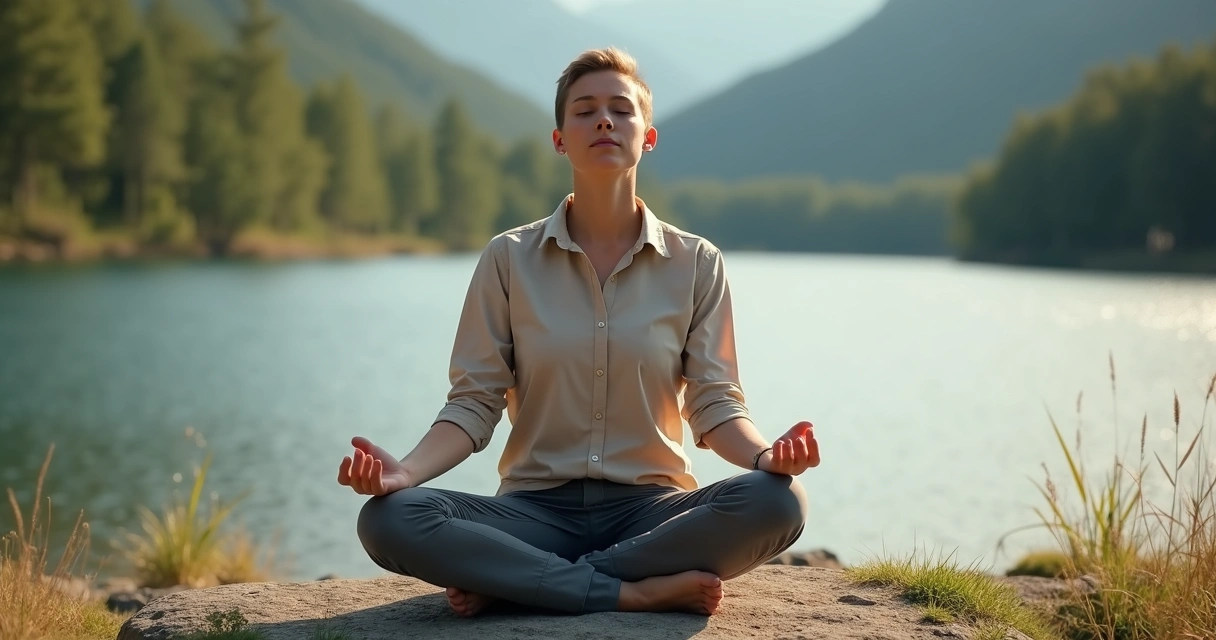 Person practicing mindful body awareness meditation in nature 