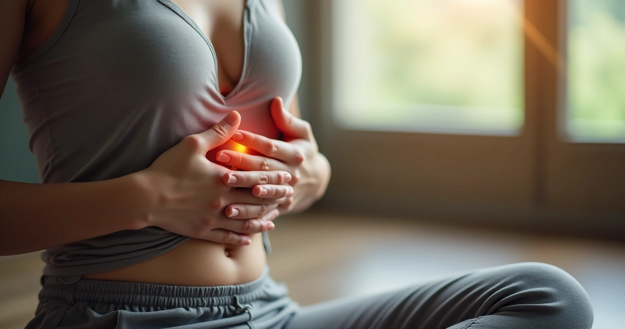 Close-up of hands resting on heart and abdomen for body awareness