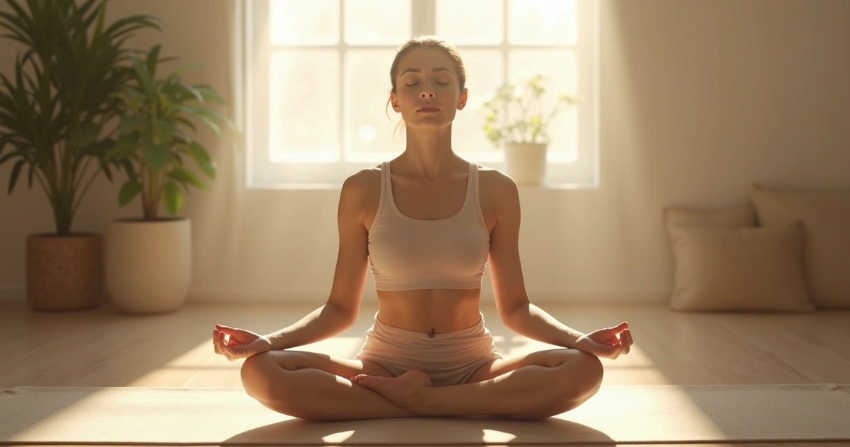 Person sitting quietly with eyes closed, focusing on their body sensations in a peaceful room 