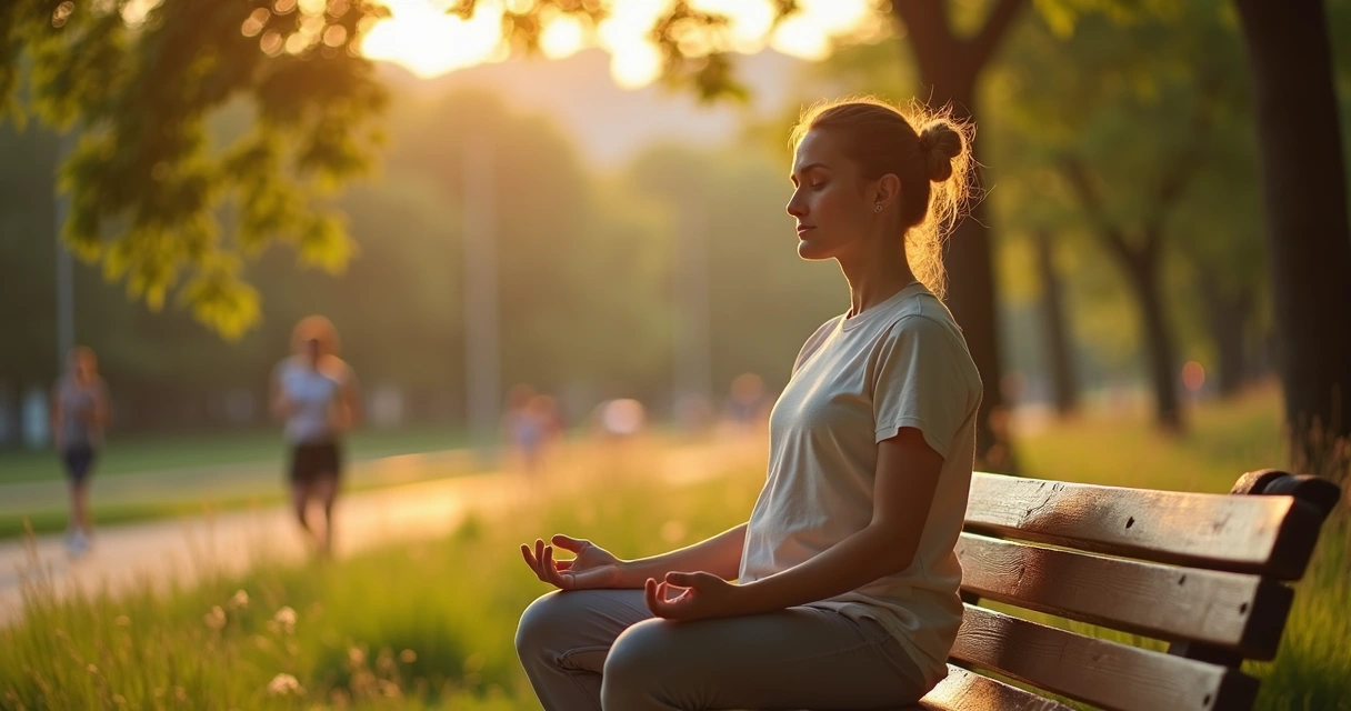 Person seated on park bench pausing to feel breathing responses in the body 
