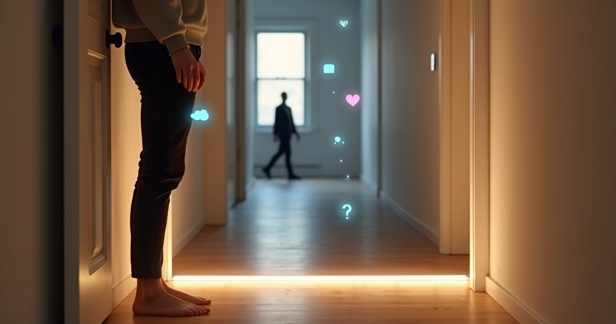 Person standing at open front door with glowing line at threshold and faint emotion icons around them 