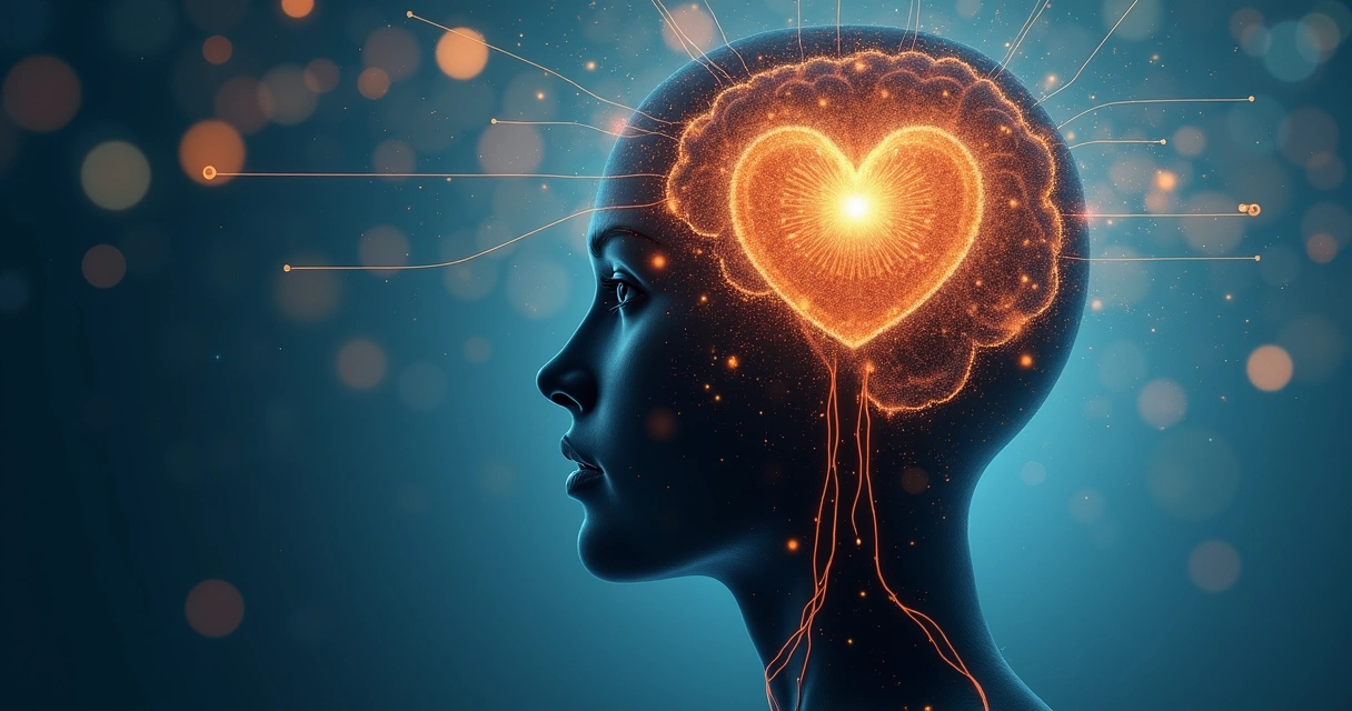 Silhouette of a person with glowing heart and brain, abstract decision paths 