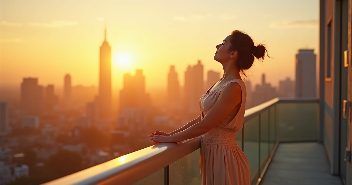 Woman stretching at sunrise on balcony 