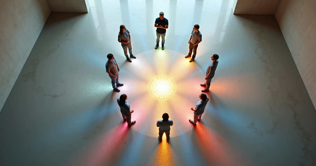 Overhead view of a group in a circle with colored light patterns mirroring their postures 