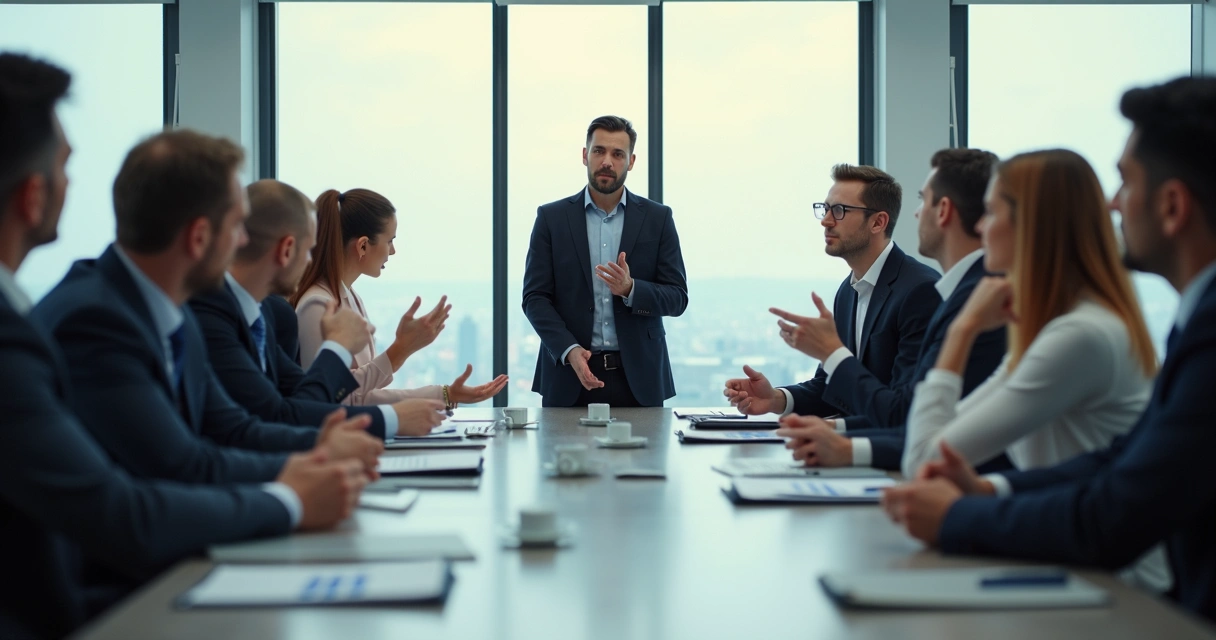 Business professionals in a meeting displaying subtle body language cues of hesitation and resistance