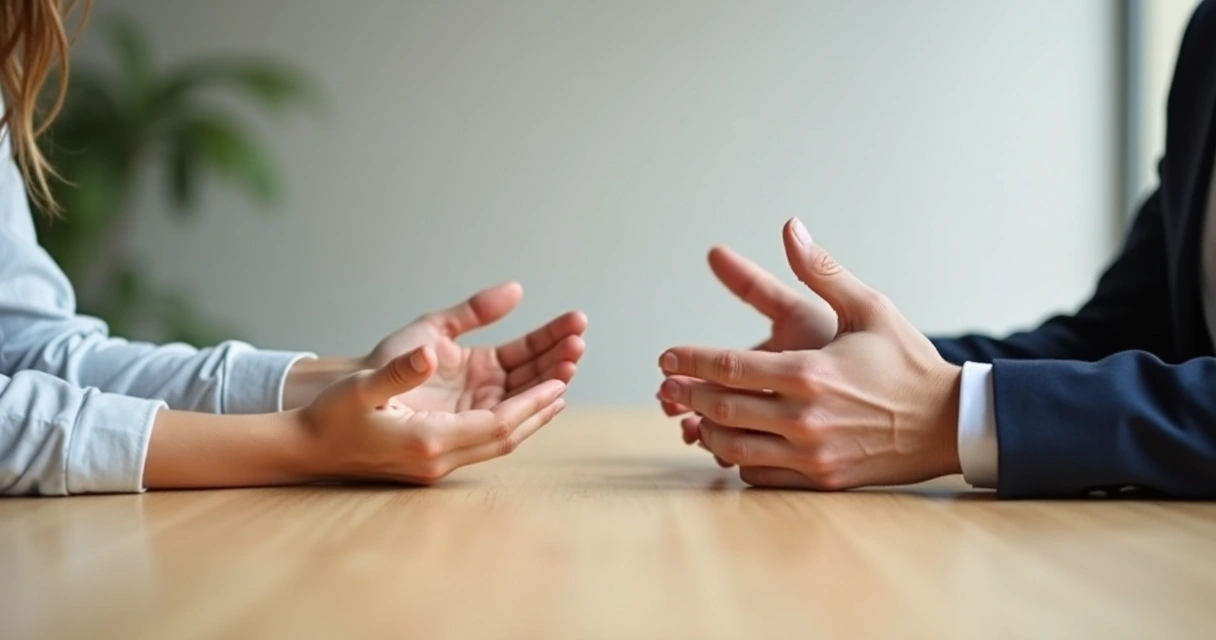 Close-up of hands gesturing in conversation, neutral background 