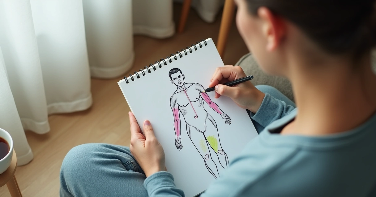Person marking body sensations in a notebook