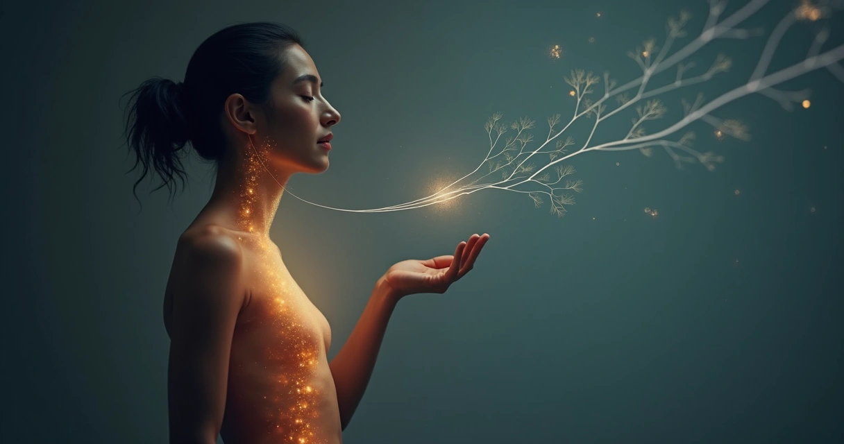 Human figure made of layered translucent silhouettes glowing along the spine 
