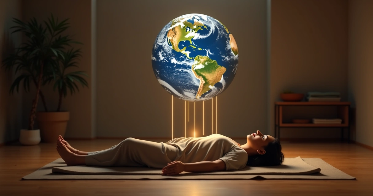 Person lying in meditation as soft light lines connect body to glowing earth above 