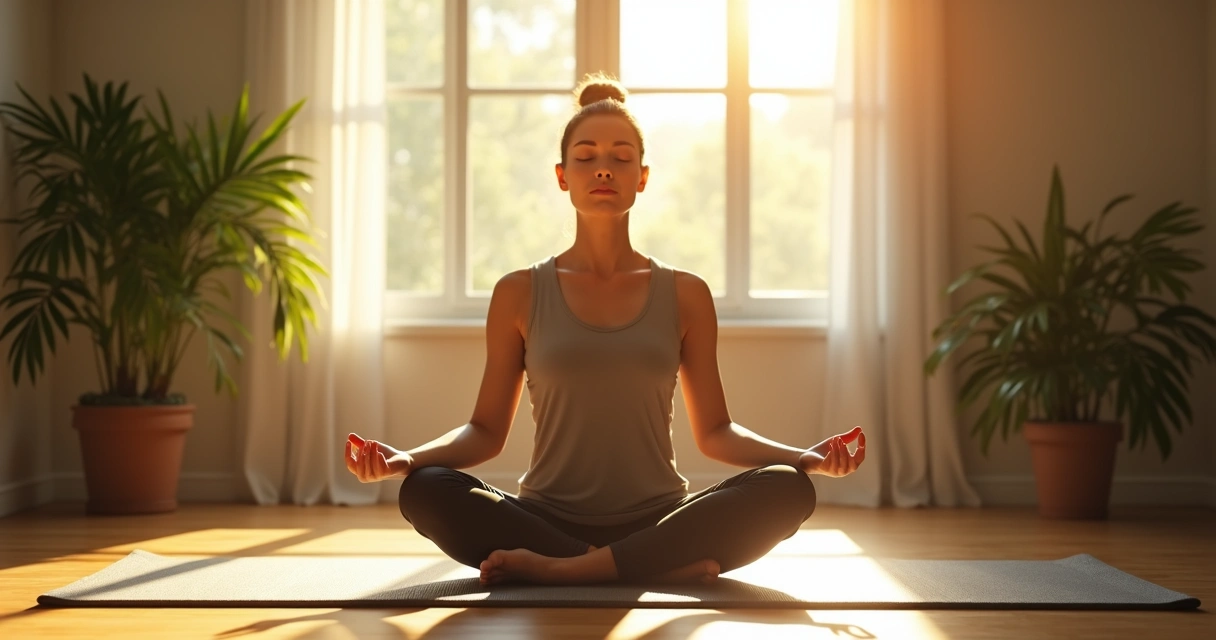 Person meditating on a mat, sunlight streaming through a window 