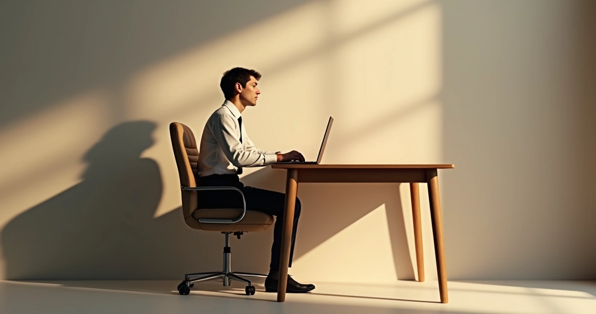 Office worker seated at desk straightens posture, hands on thighs, eyes closed, calm expression 