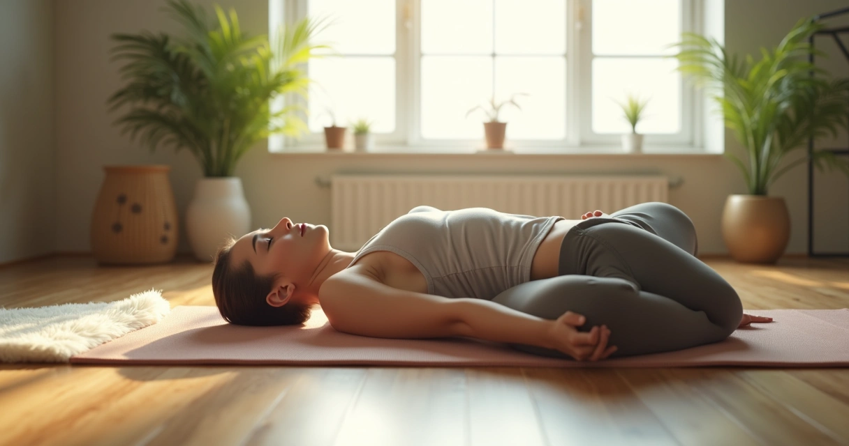Person lying on a yoga mat indoors, calmly practicing a body scan focusing on their breath and body. 