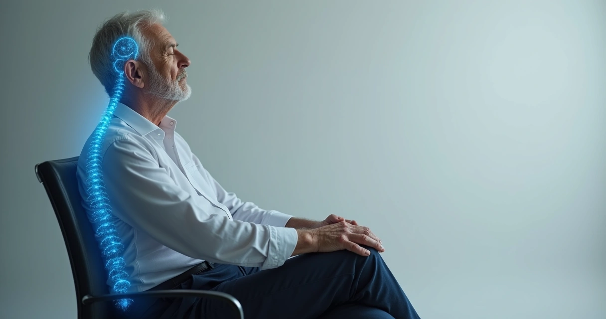 Person seated with eyes closed practicing body scan relaxation.