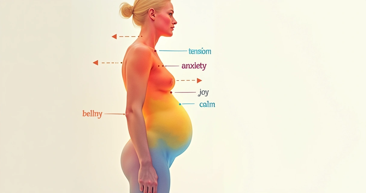 Diagram showing human outline with highlighted body areas and emotion labels