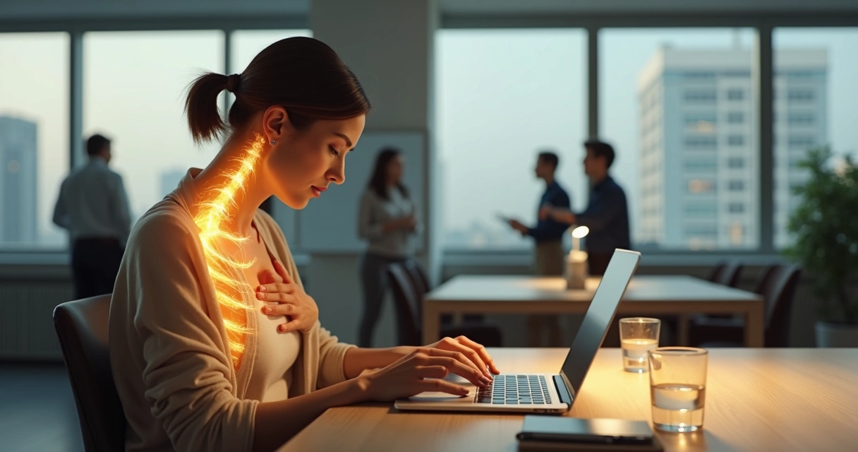 Professional noticing somatic signals while working at desk 