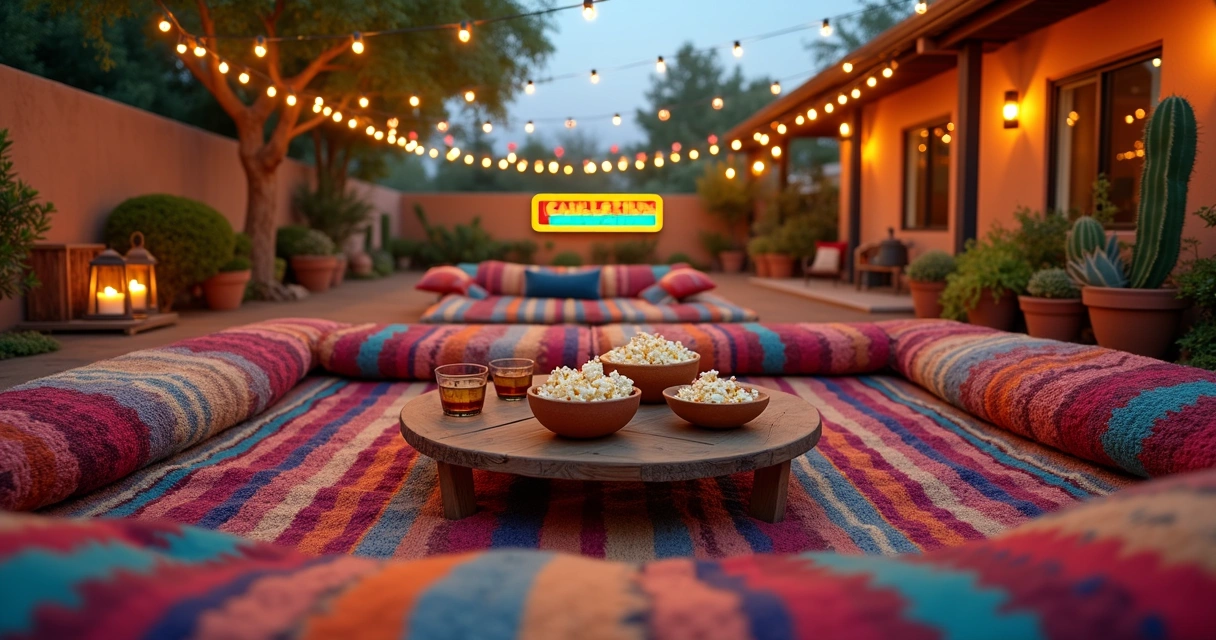 Bohemian outdoor movie night decorations with blankets and pillows