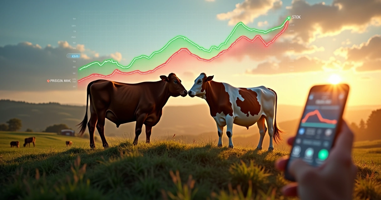 Boi de corte e vaca leiteira vistos de trás diante de gráfico de preços no horizonte 