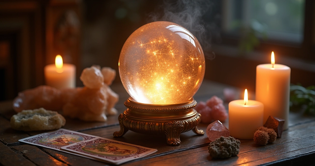 Bola de cristal iluminada sobre mesa com velas e elementos esotéricos ao redor 
