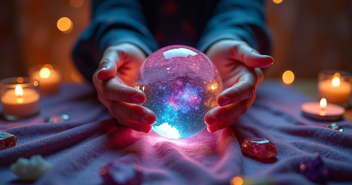 Mãos ao redor de uma bola de cristal iluminada 