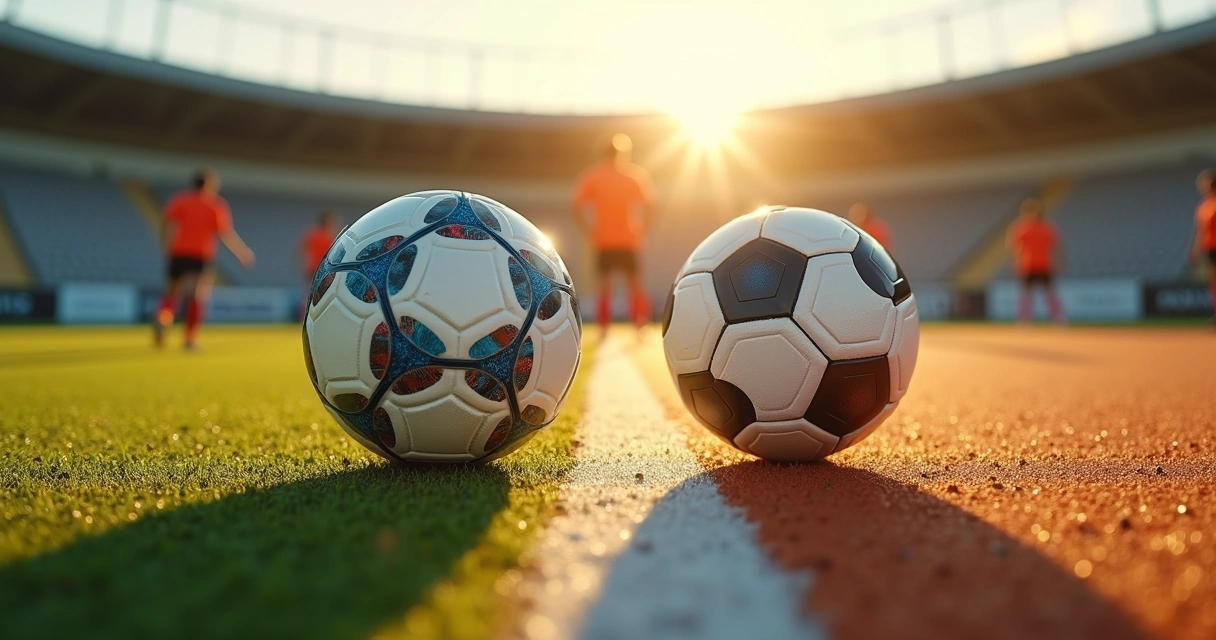 Bola de futebol e bola de futsal lado a lado em quadra e gramado meio a meio 