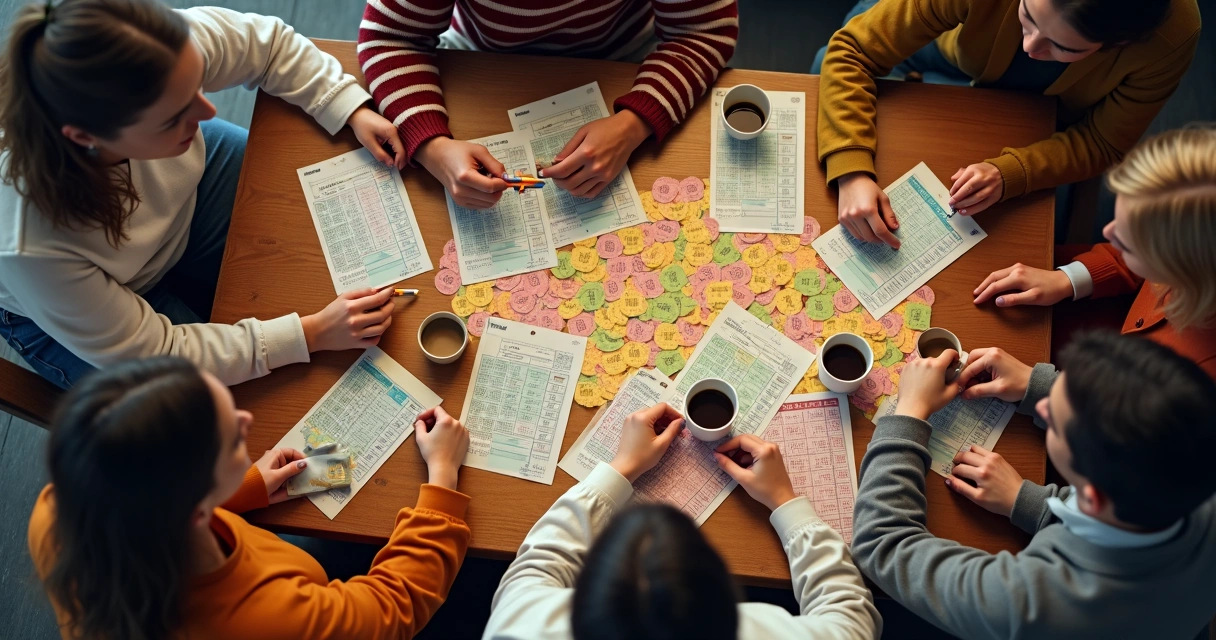 Grupo de pessoas ao redor de mesa com volantes da Quina 