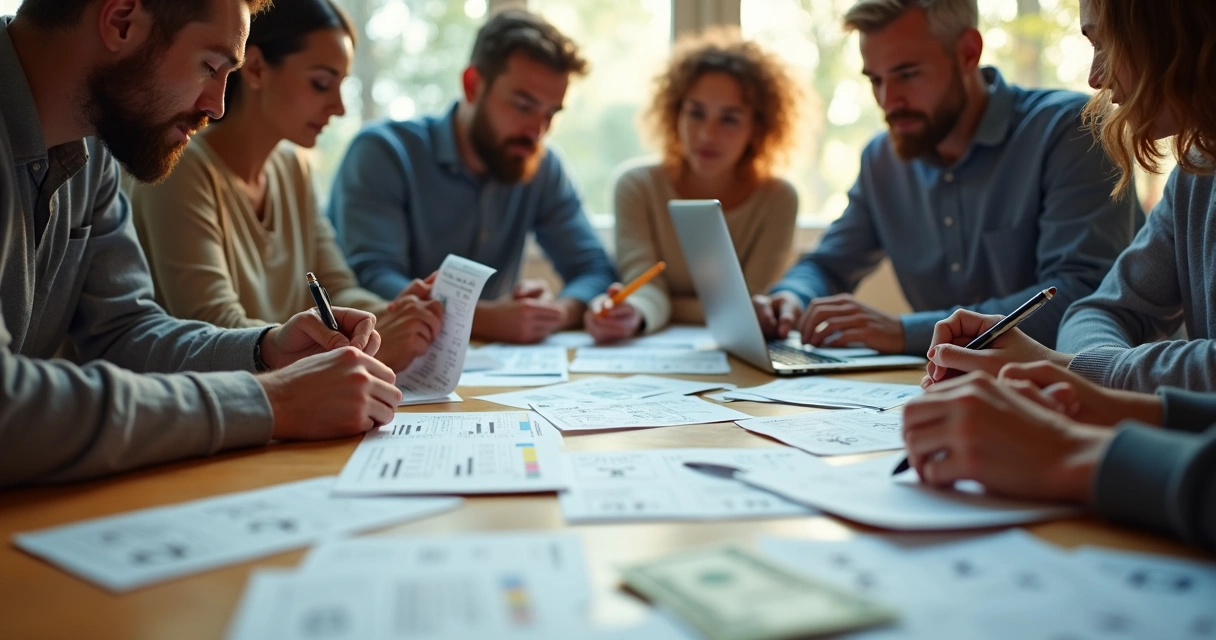 Grupo de pessoas reunidas organizando apostas coletivas com papéis, canetas e um laptop 