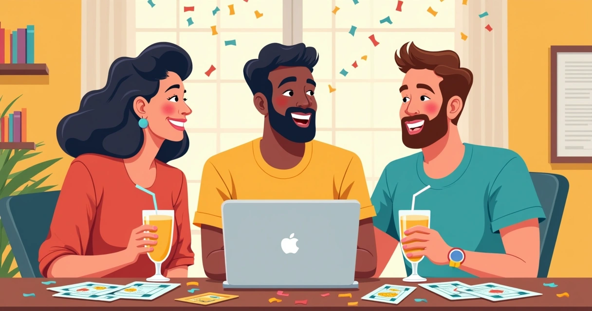 Amigos comemorando vitória em um bolão de loteria 