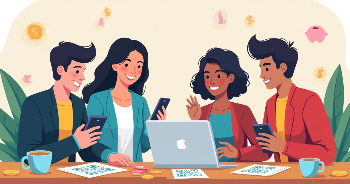 Apostadores reunidos em mesa usando notebook e celular analisando bolão online 