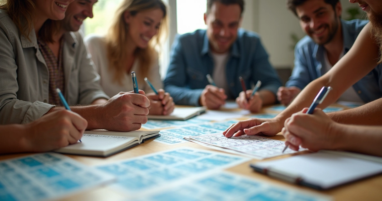 Apostas de bolão da Lotofácil agrupadas em mesa com pessoas analisando números 