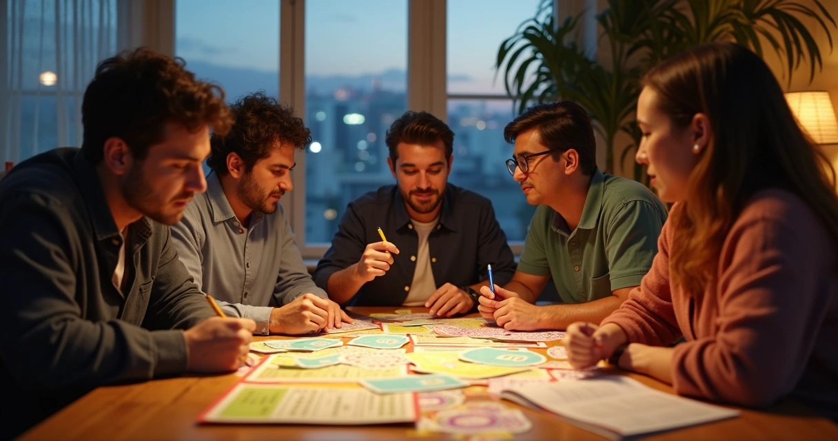 Pessoas reunidas em torno de uma mesa, analisando bilhetes de loteria da Lotofácil com entusiasmo. 
