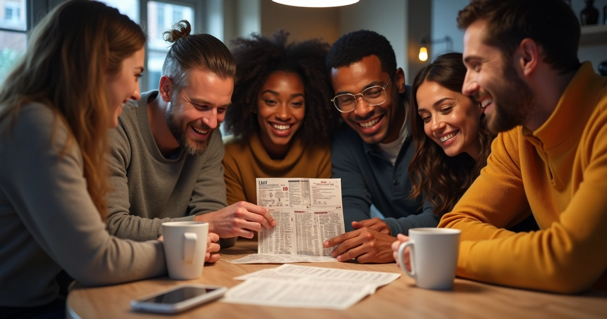 Grupo de pessoas reunidas animadas olhando bilhete de loteria 