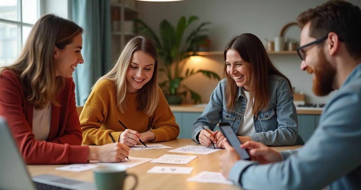 Grupo de amigos reunidos escolhendo juntos números para bolão 